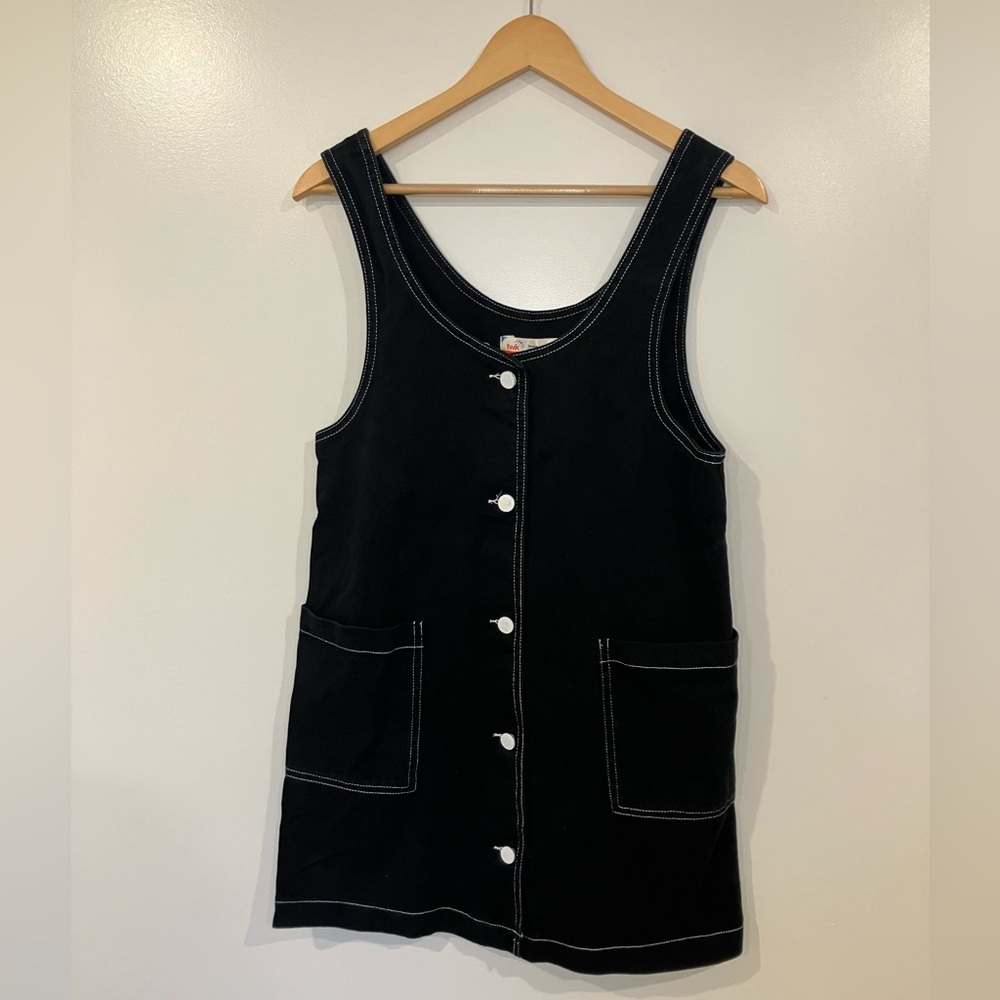 Twik Black Pinafore Dress – Contrast Stitch, Button-Front, Size Small